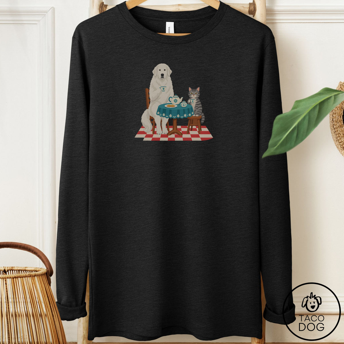Great Pyrenees Tea With The Enemy Long Sleeve Tee Black Heather Taco-Dog