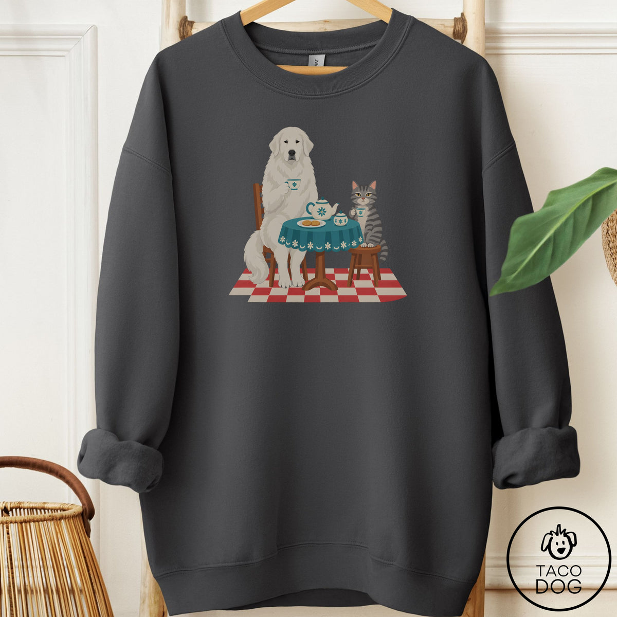 Great Pyrenees Tea With The Enemy Sweatshirt Charcoal Taco-Dog