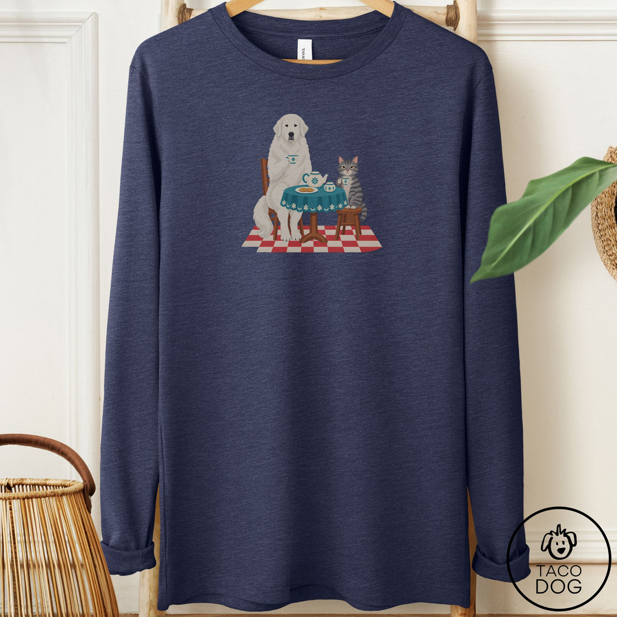 Great Pyrenees Tea With The Enemy Long Sleeve Tee Heather Navy Taco-Dog