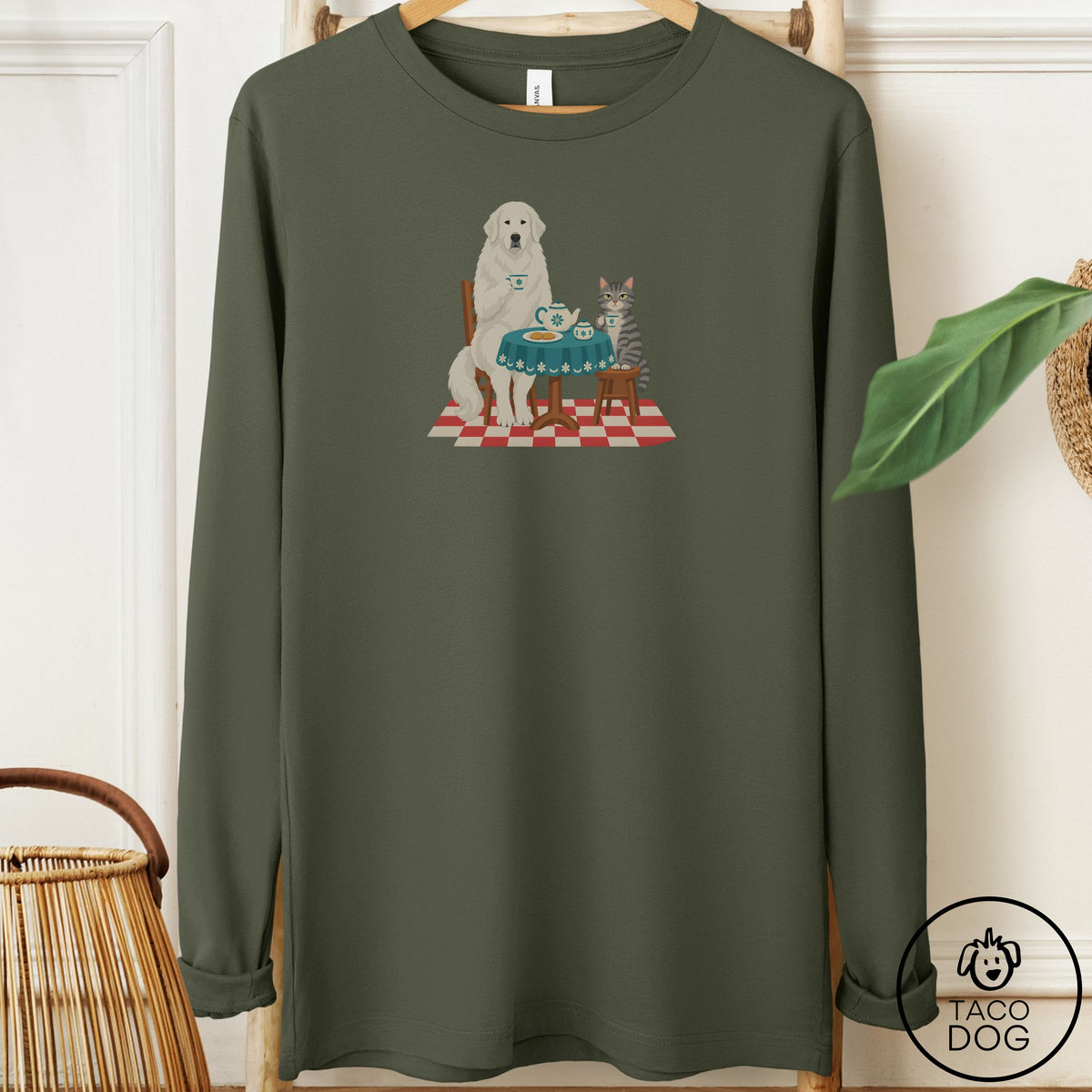 Great Pyrenees Tea With The Enemy Long Sleeve Tee Military Green Taco-Dog