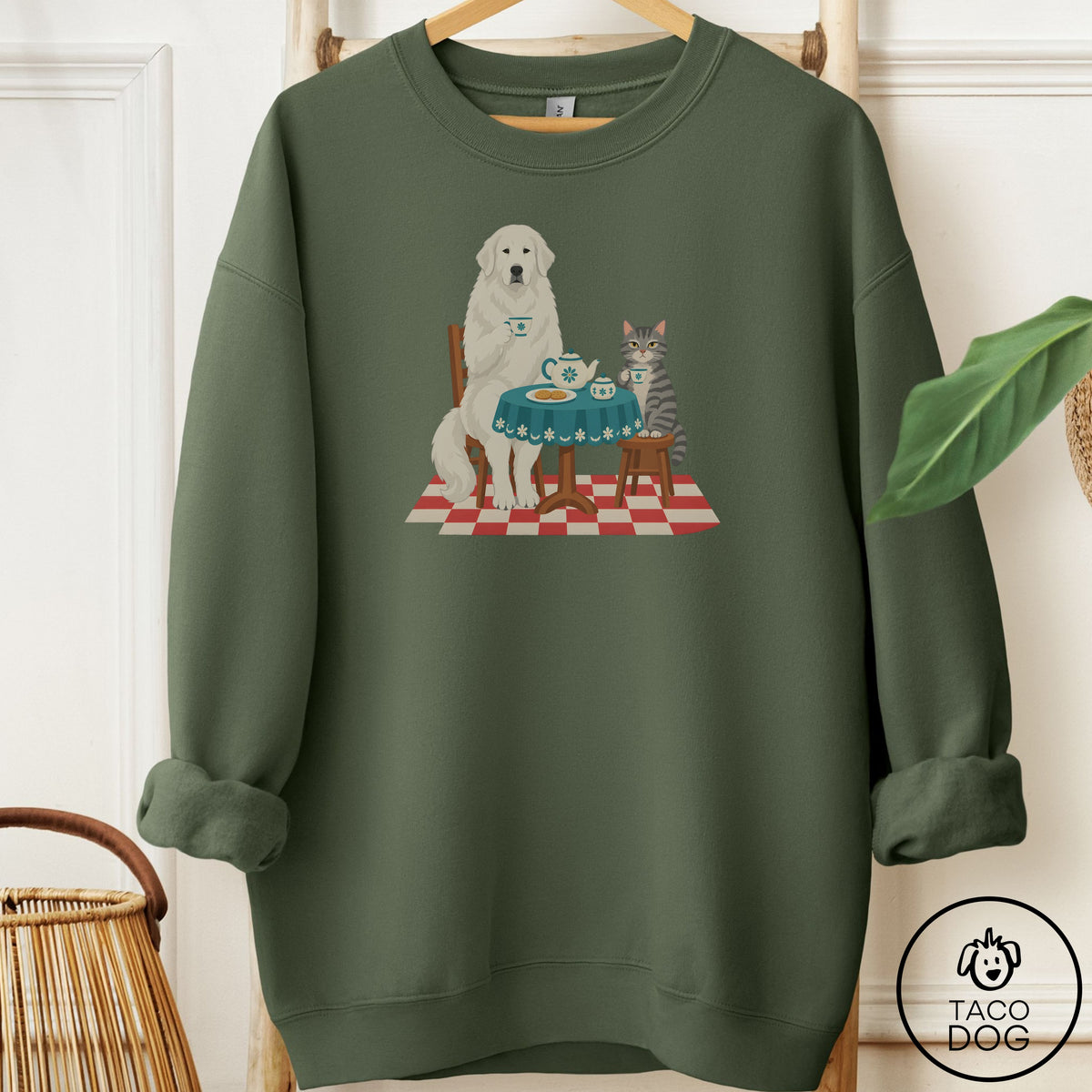 Great Pyrenees Tea With The Enemy Sweatshirt Military Green Taco-Dog