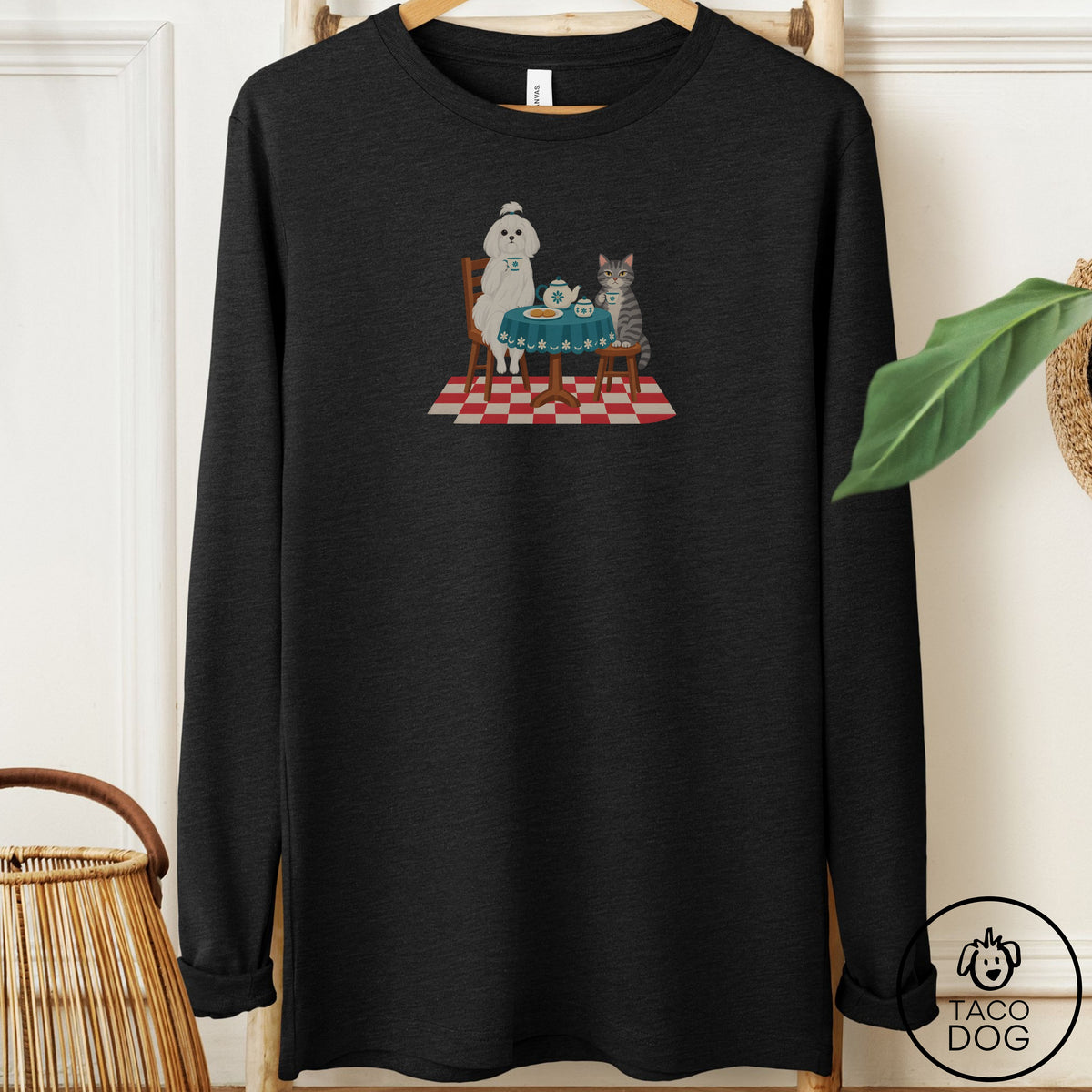 Maltese Tea With The Enemy Long Sleeve Tee Black Heather Taco-Dog