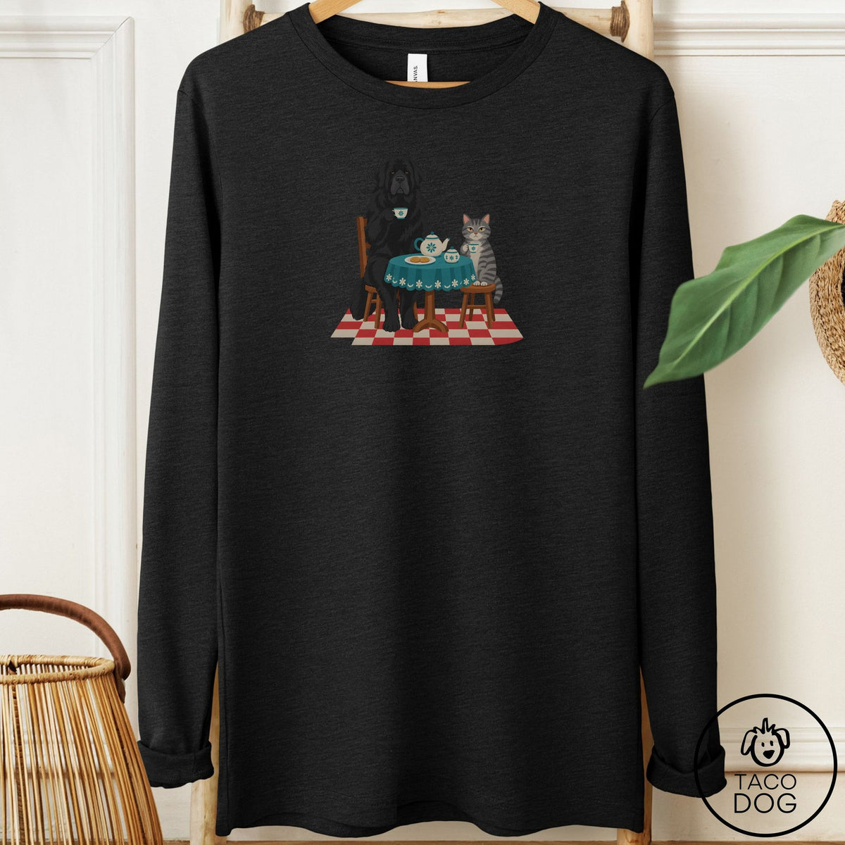 Newfoundland Tea With The Enemy Long Sleeve Tee Black Heather Taco-Dog