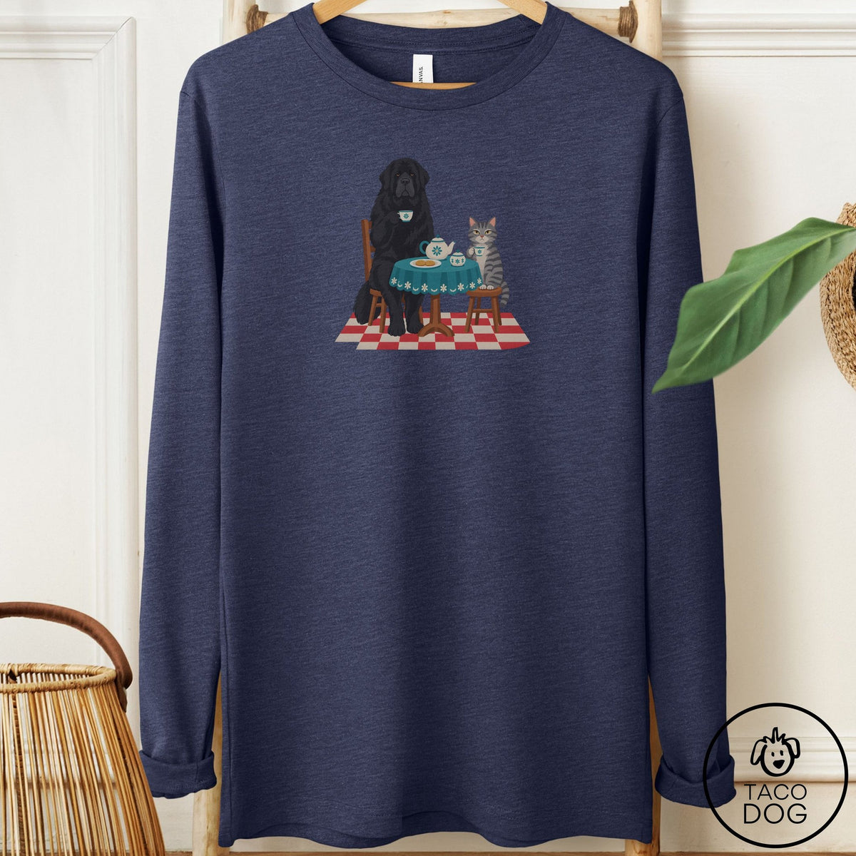Newfoundland Tea With The Enemy Long Sleeve Tee Heather Navy Taco-Dog