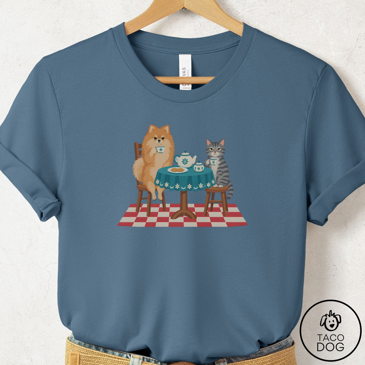 Pomeranian Tea With The Enemy T-Shirt Steel Blue Taco-Dog