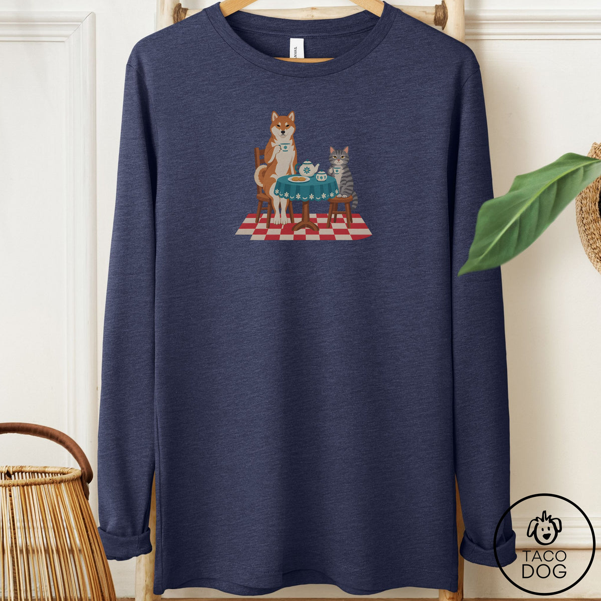 Shiba Inu Tea With The Enemy Long Sleeve Tee Heather Navy Taco-Dog
