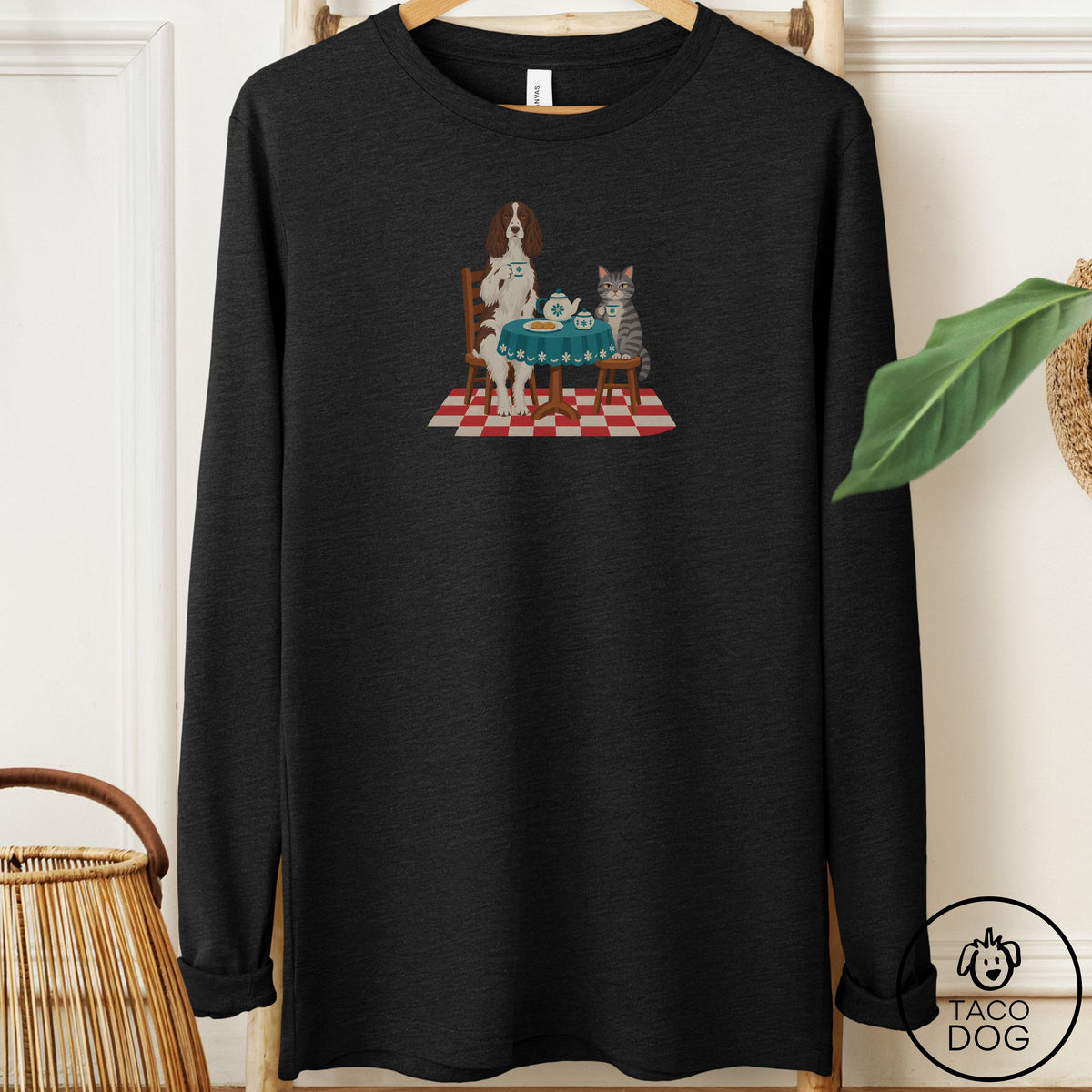 Springer Spaniel Tea With The Enemy Long Sleeve Tee Black Heather Taco-Dog