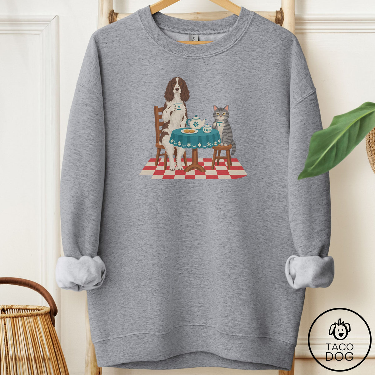 Springer Spaniel Tea With The Enemy Sweatshirt Graphite Heather Taco-Dog