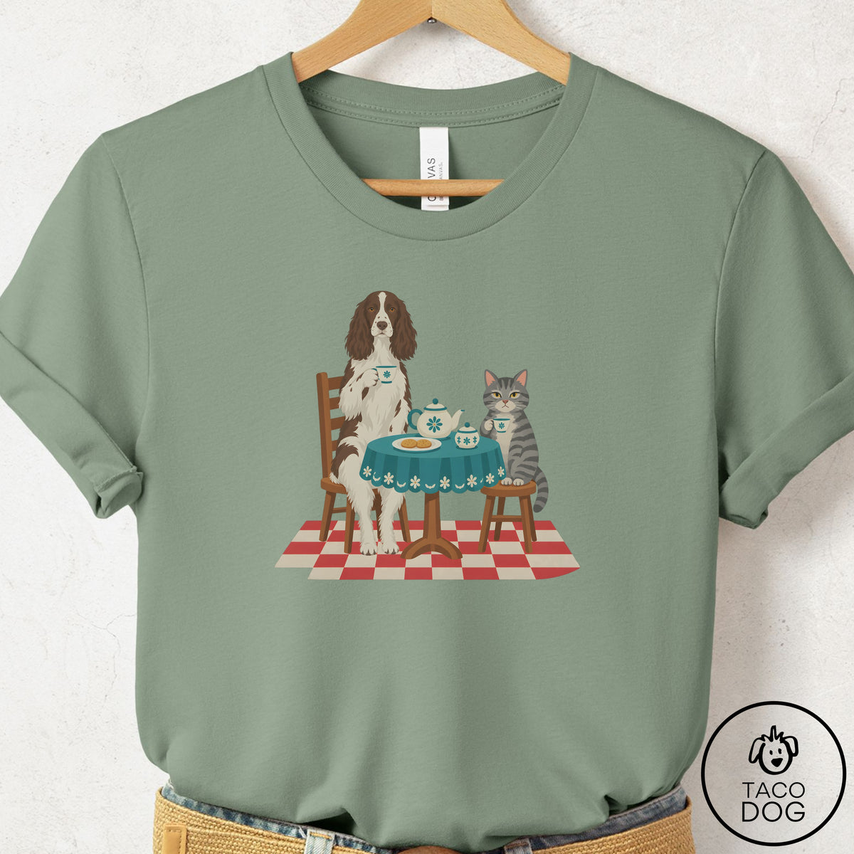 Springer Spaniel Tea With The Enemy T-Shirt Sage Taco-Dog