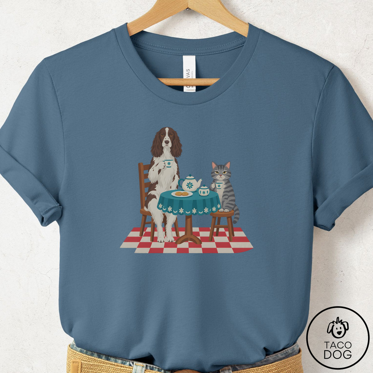 Springer Spaniel Tea With The Enemy T-Shirt Steel Blue Taco-Dog