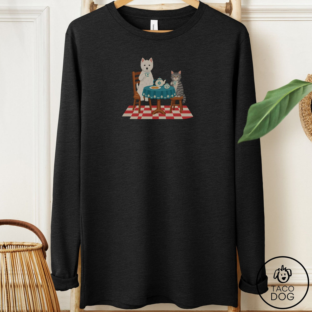 Westie Tea With The Enemy Long Sleeve Tee Black Heather Taco-Dog