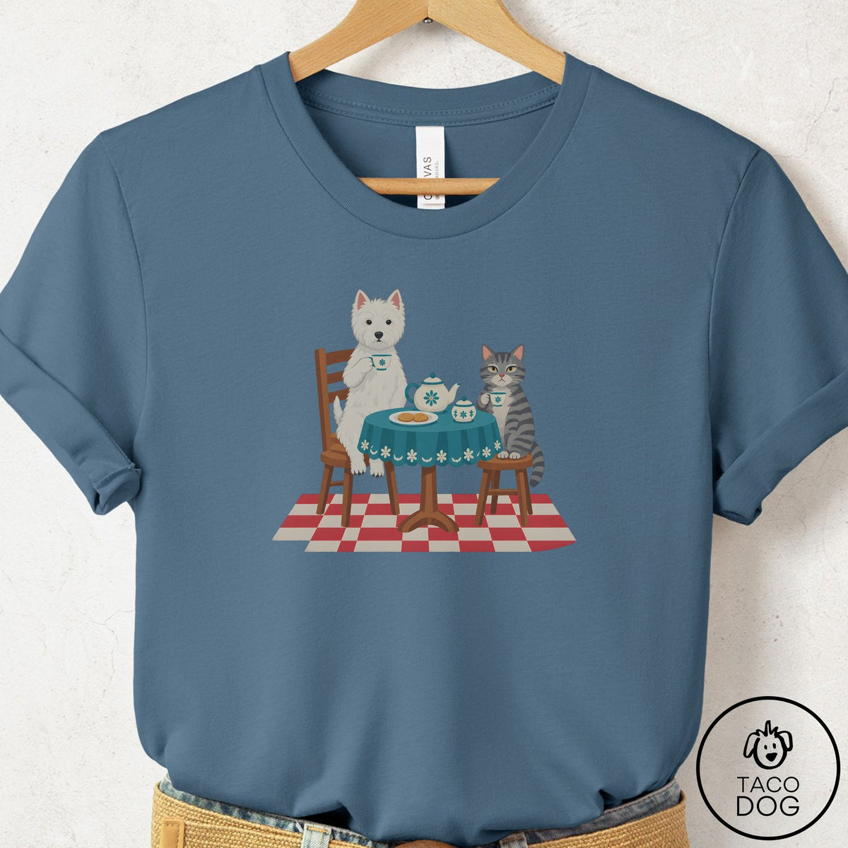 Westie Tea With The Enemy T-Shirt Steel Blue Taco-Dog