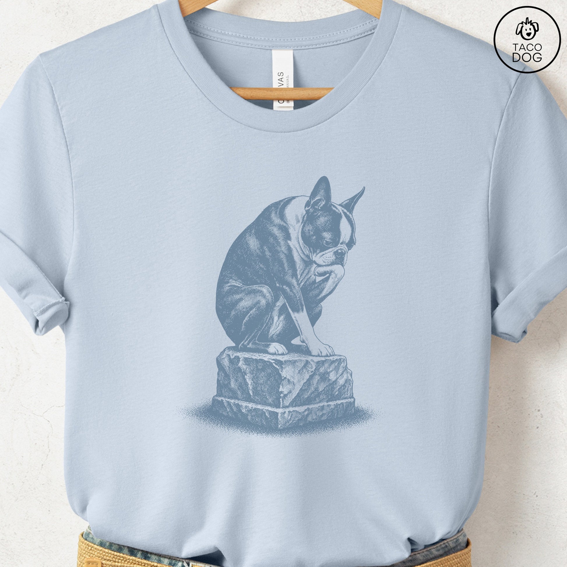 Boston Terrier Thinker T-Shirt Light Blue S Taco-Dog