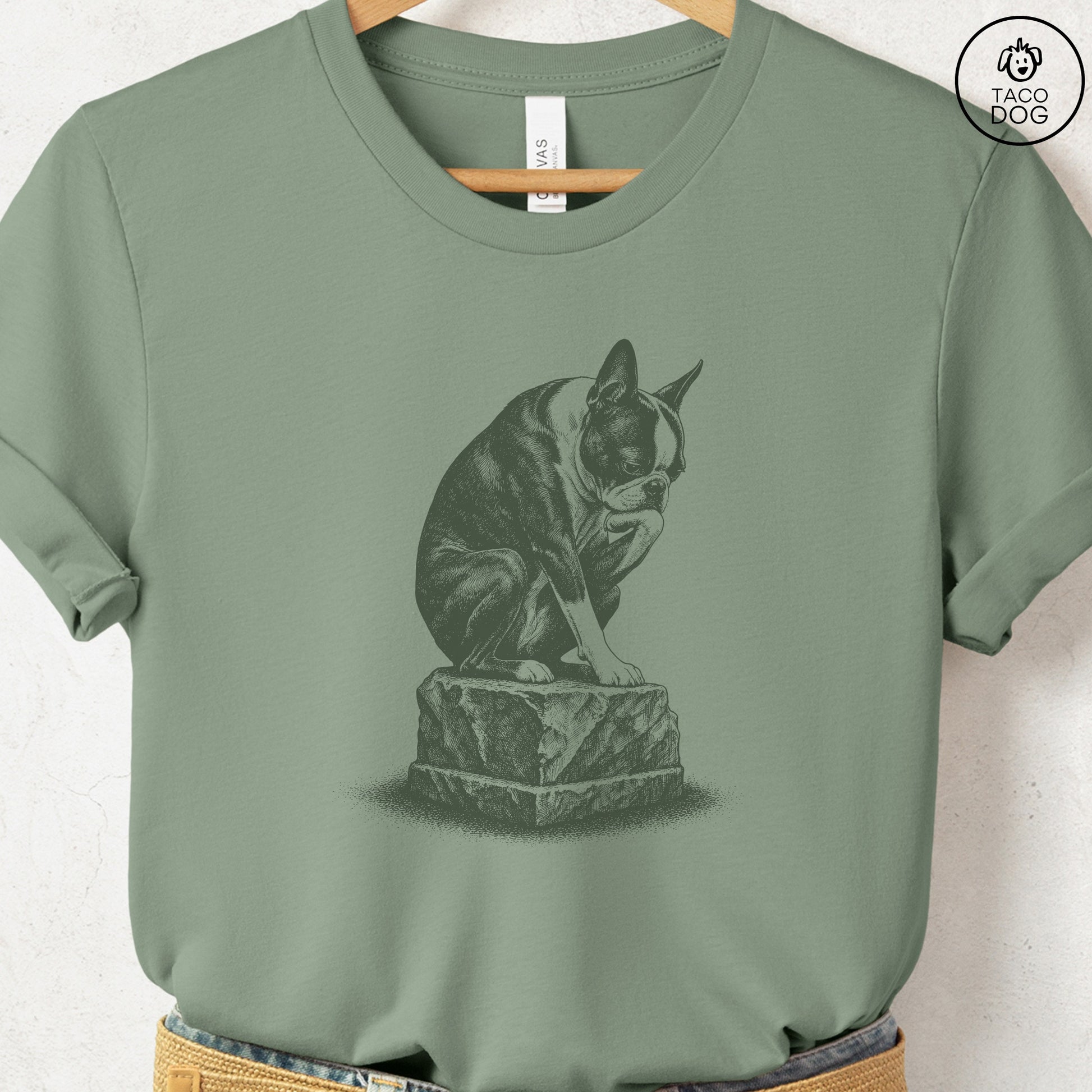 Boston Terrier Thinker T-Shirt Sage S Taco-Dog