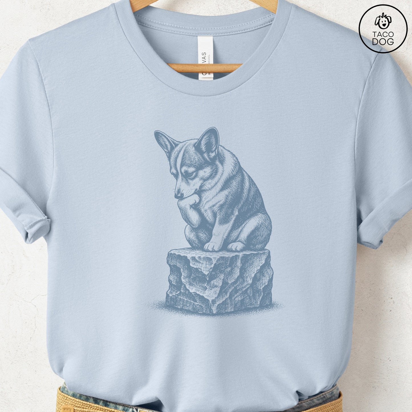 Corgi Thinker T-Shirt Light Blue S Taco-Dog