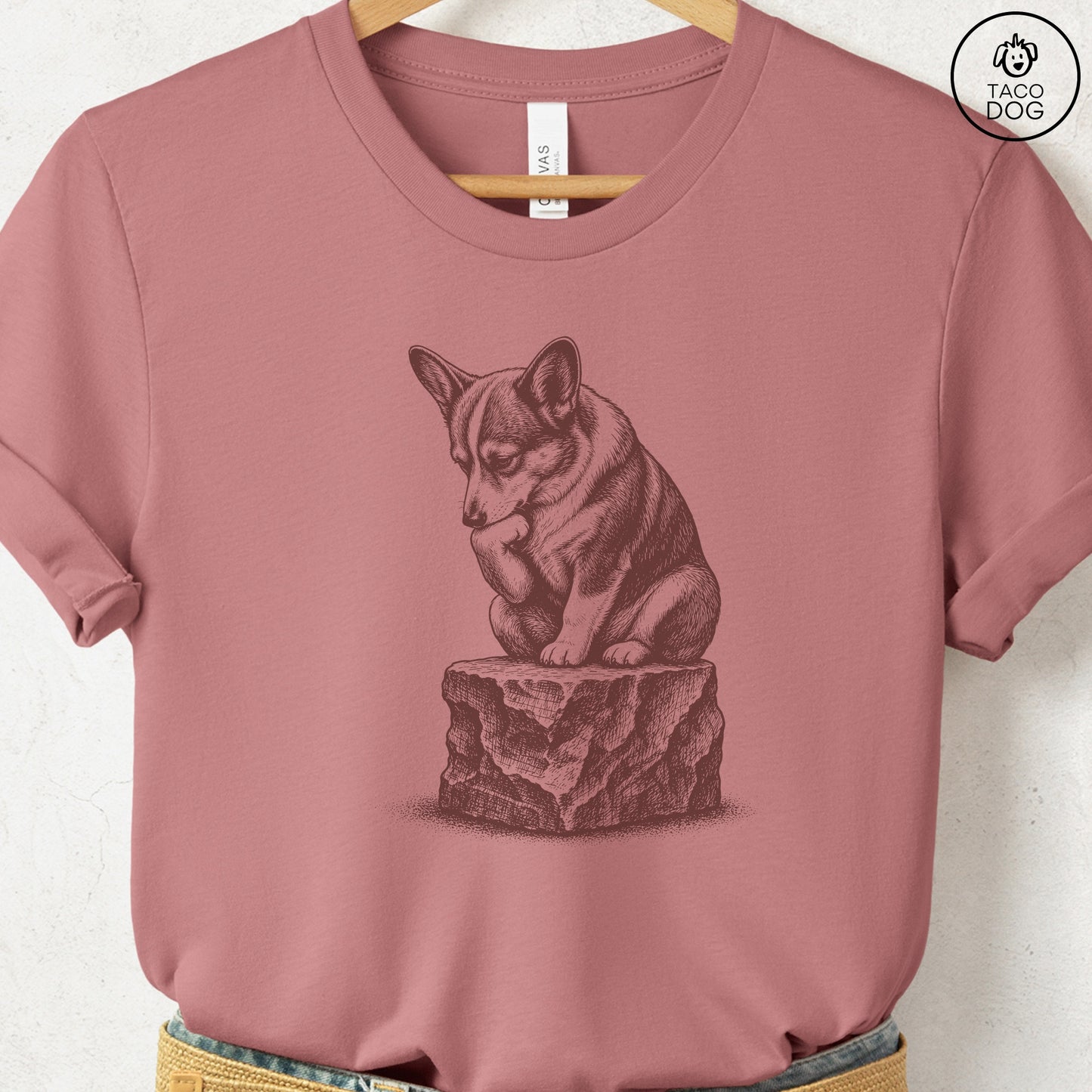 Corgi Thinker T-Shirt Heather Mauve S Taco-Dog
