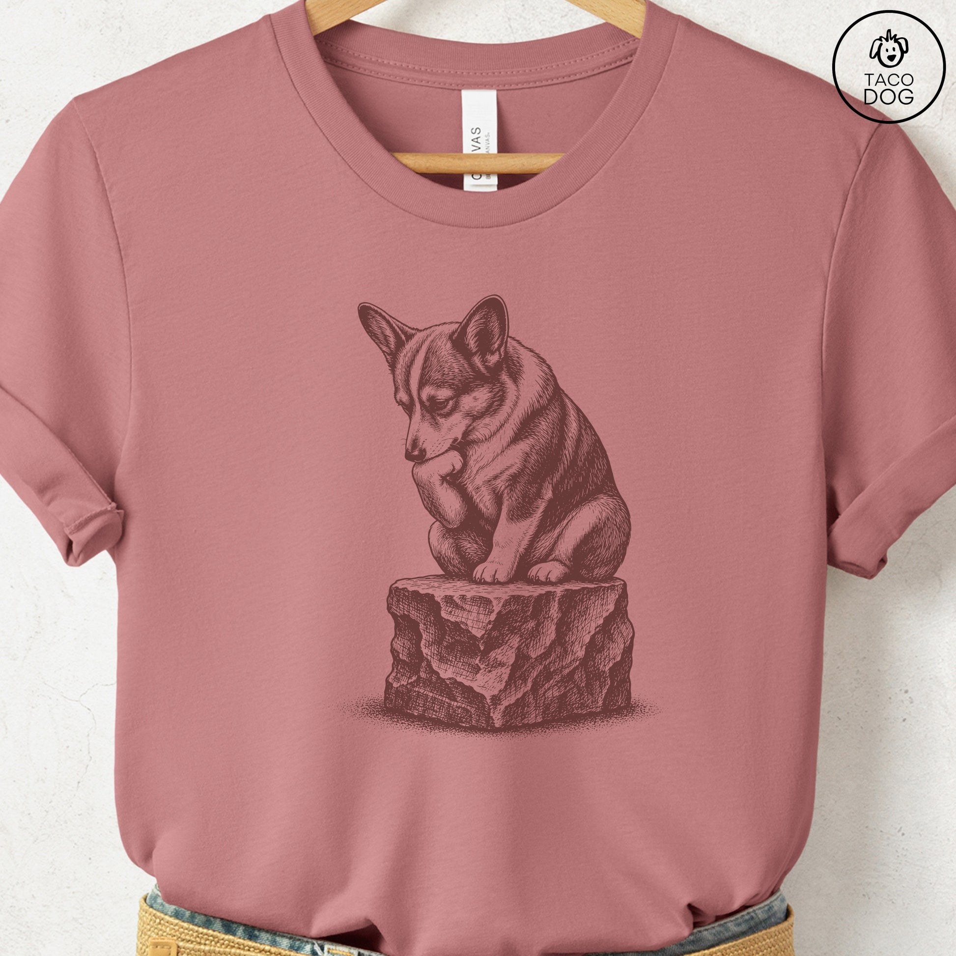 Corgi Thinker T-Shirt Heather Mauve S Taco-Dog
