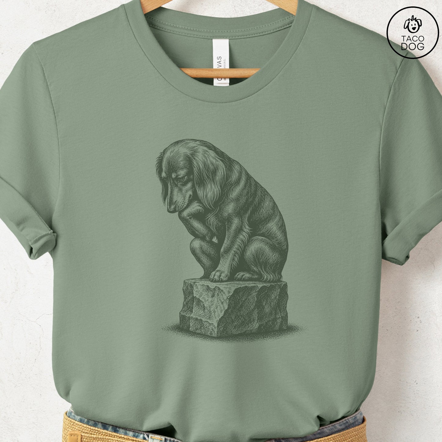 Dachshund Thinker T-Shirt Sage S Taco-Dog