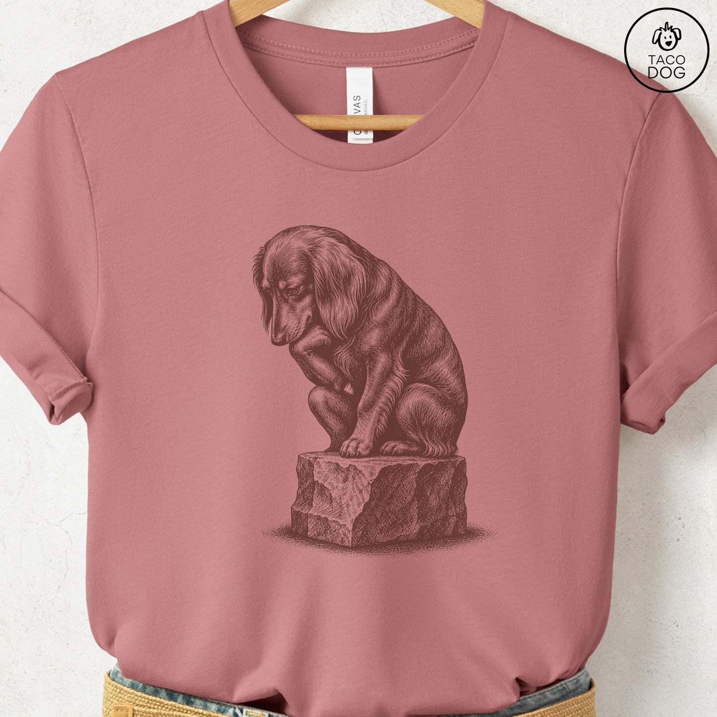 Dachshund Thinker T-Shirt Heather Mauve S Taco-Dog