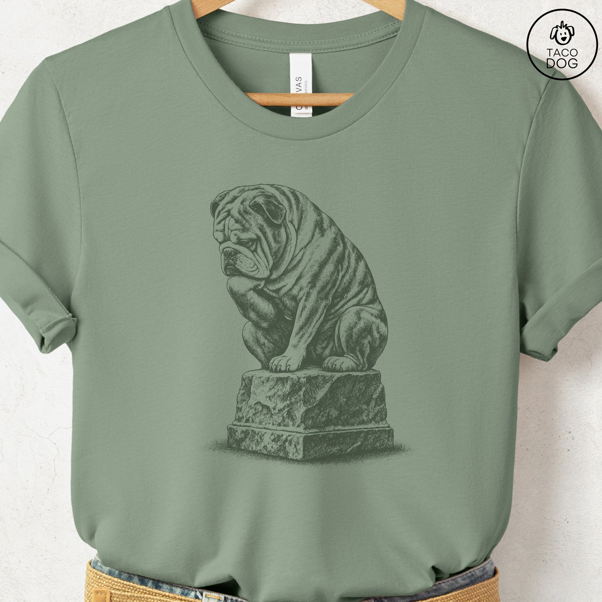 English Bulldog Thinker T-Shirt Sage S Taco-Dog