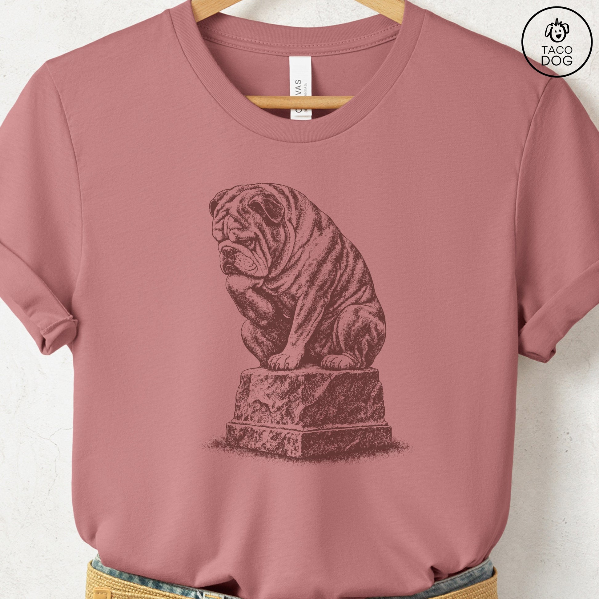 English Bulldog Thinker T-Shirt Heather Mauve S Taco-Dog