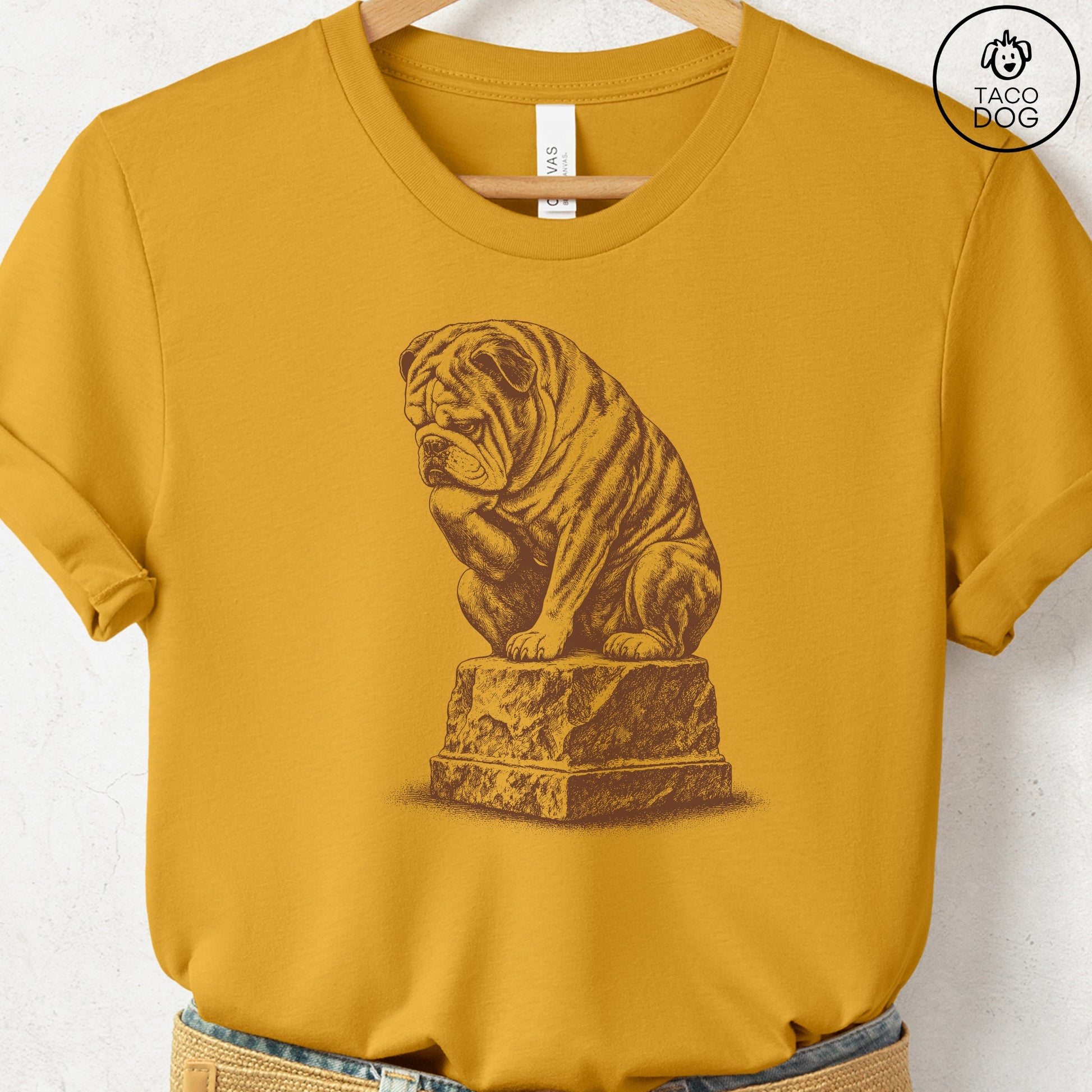 English Bulldog Thinker T-Shirt Mustard S Taco-Dog