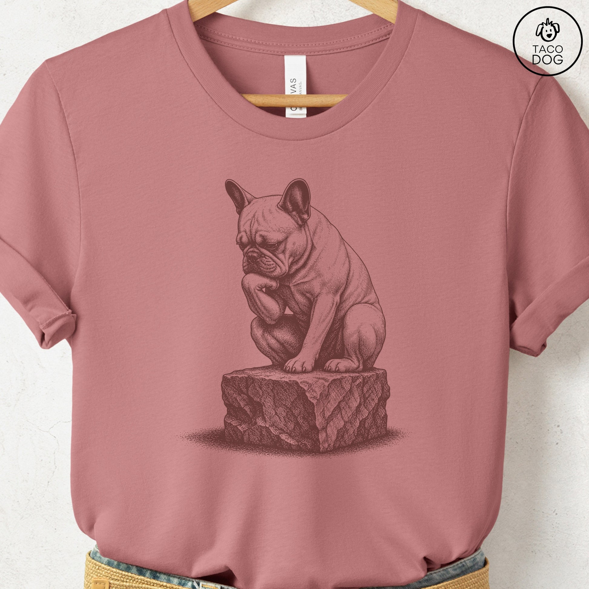 French Bulldog Frenchie Thinker T-Shirt Heather Mauve S Taco-Dog