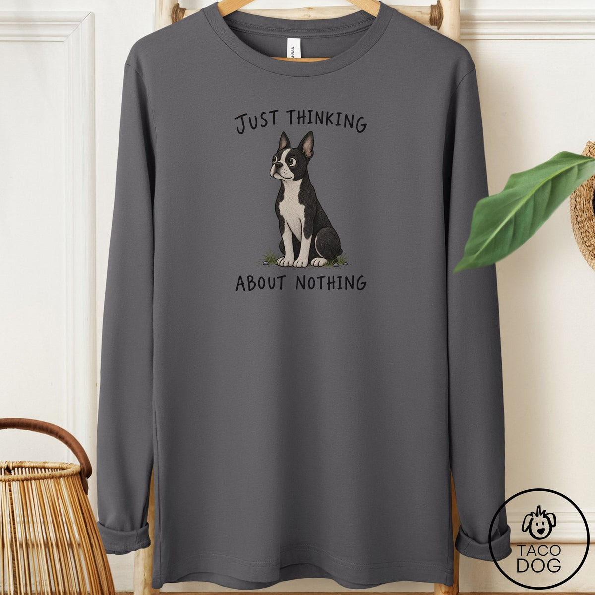 Boston Terrier Thinking About Nothing Long Sleeve Tee Asphalt Taco-Dog