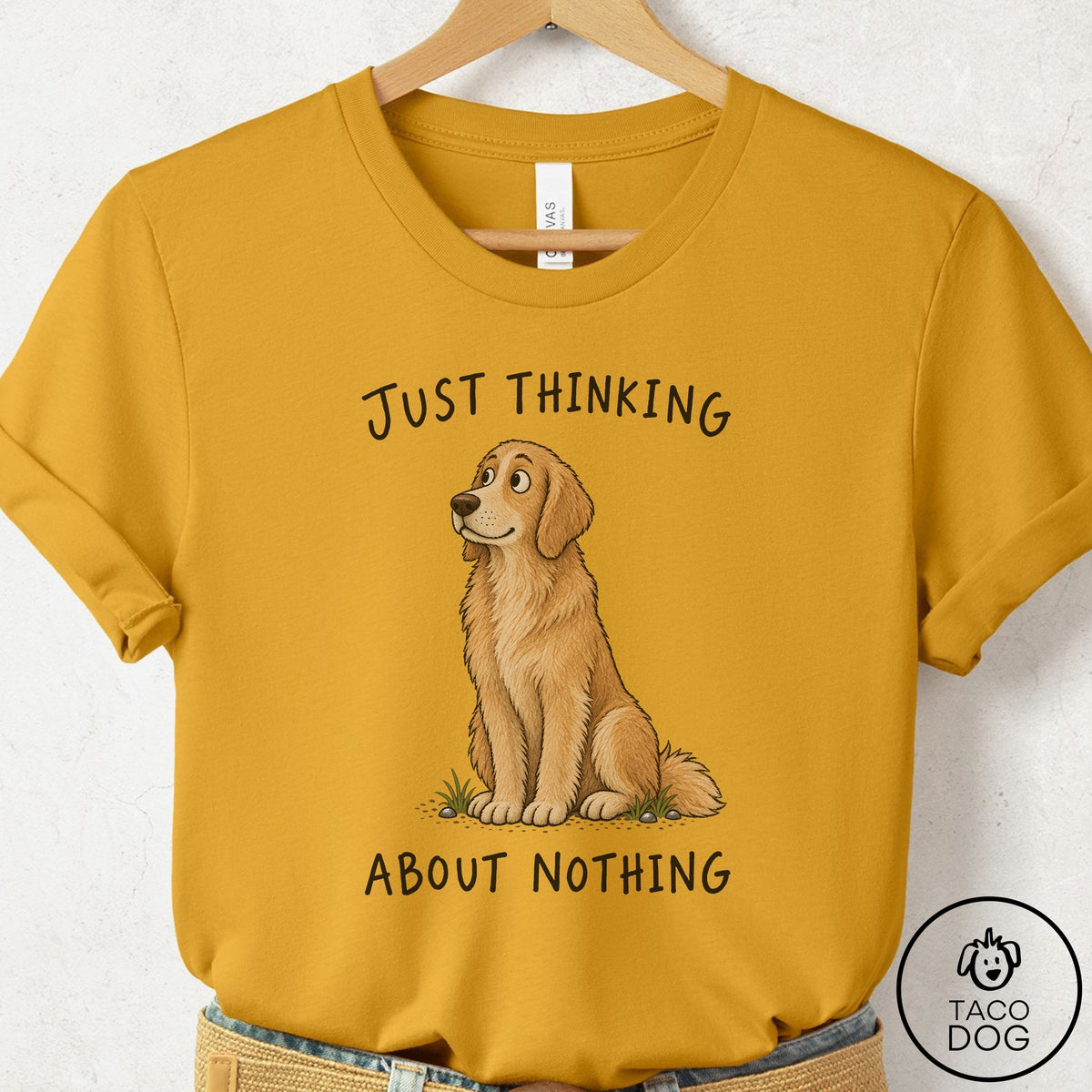 Golden Retriever Thinking About Nothing T-Shirt Mustard Taco-Dog