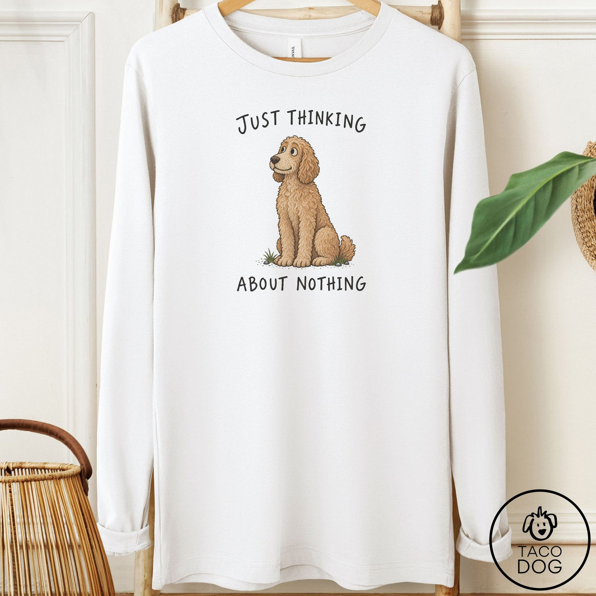 Doodle Thinking About Nothing Long Sleeve Tee White Taco-Dog