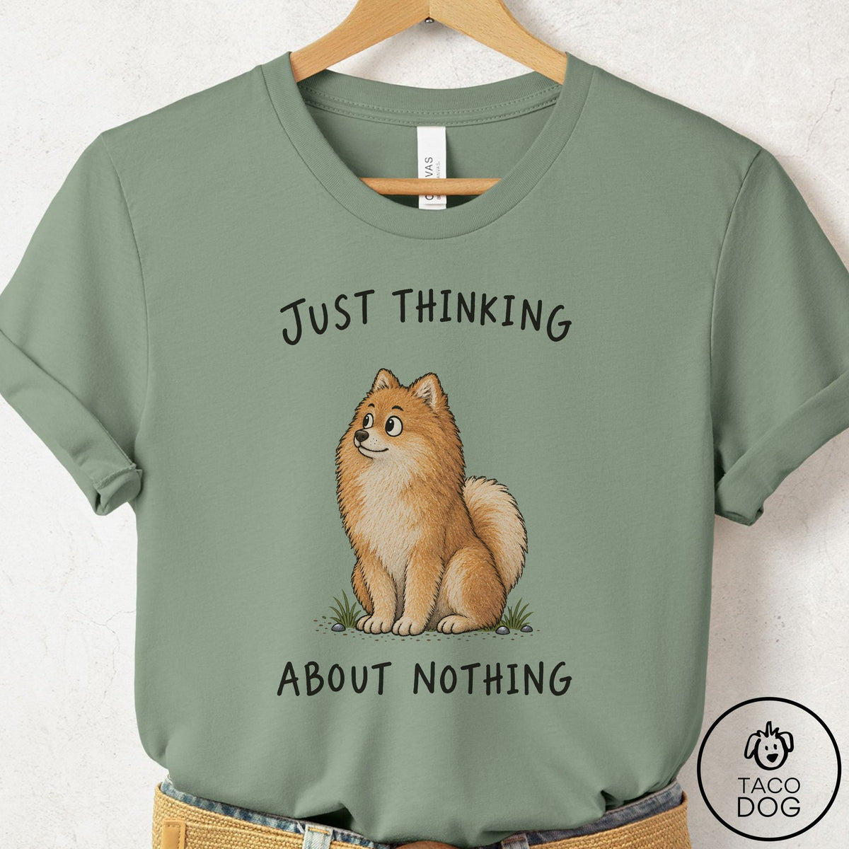 Pomeranian Thinking About Nothing T-Shirt Sage Taco-Dog