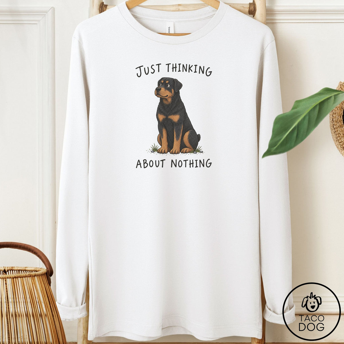 Rottweiler Thinking About Nothing Long Sleeve Tee White Taco-Dog