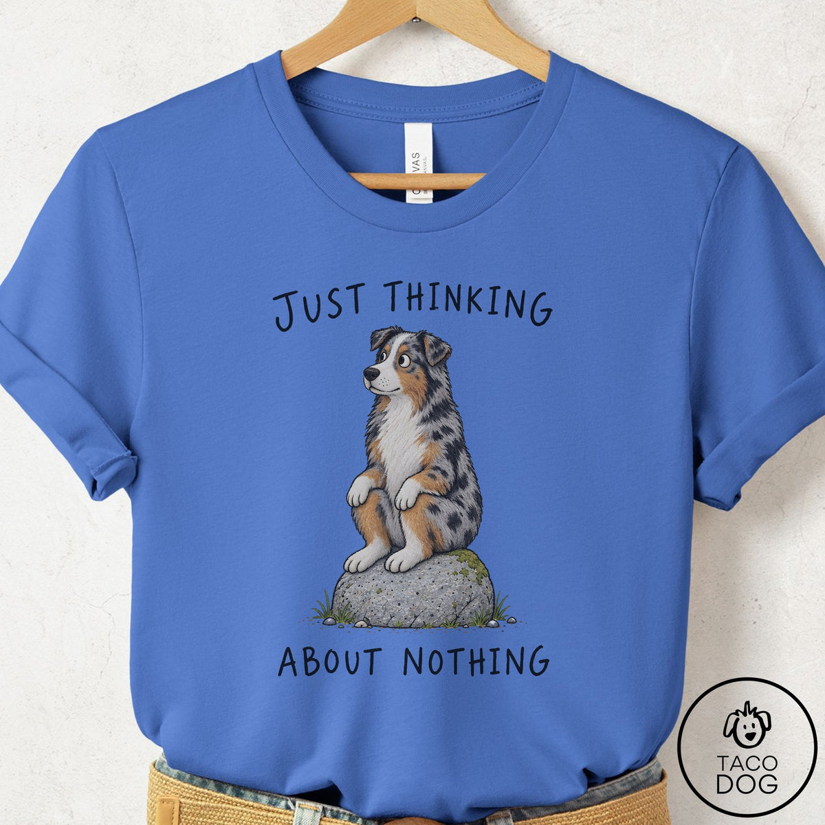 Australian Shepherd Thinking Nothing Rock T-Shirt Columbia Blue Taco-Dog