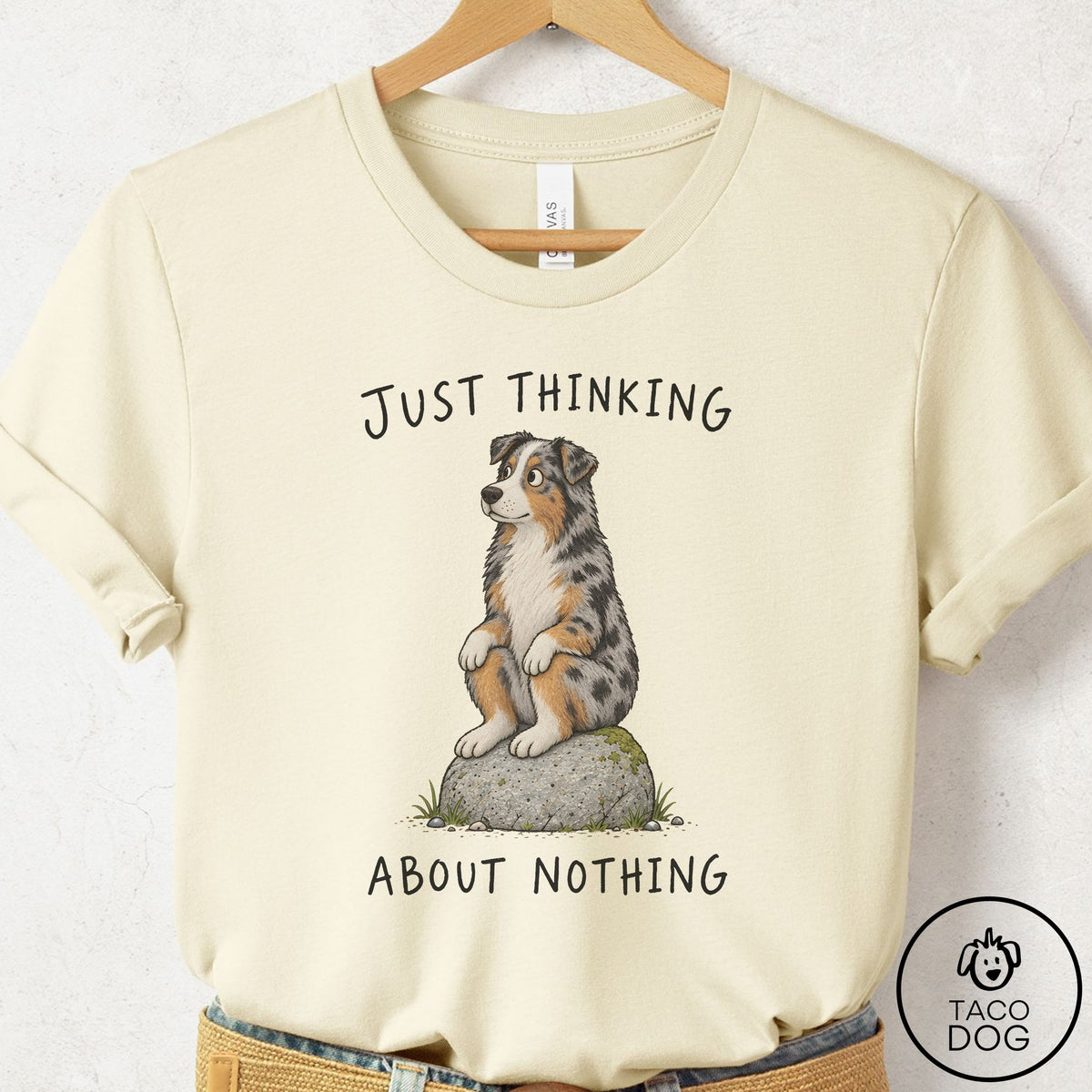 Australian Shepherd Thinking Nothing Rock T-Shirt Natural Taco-Dog