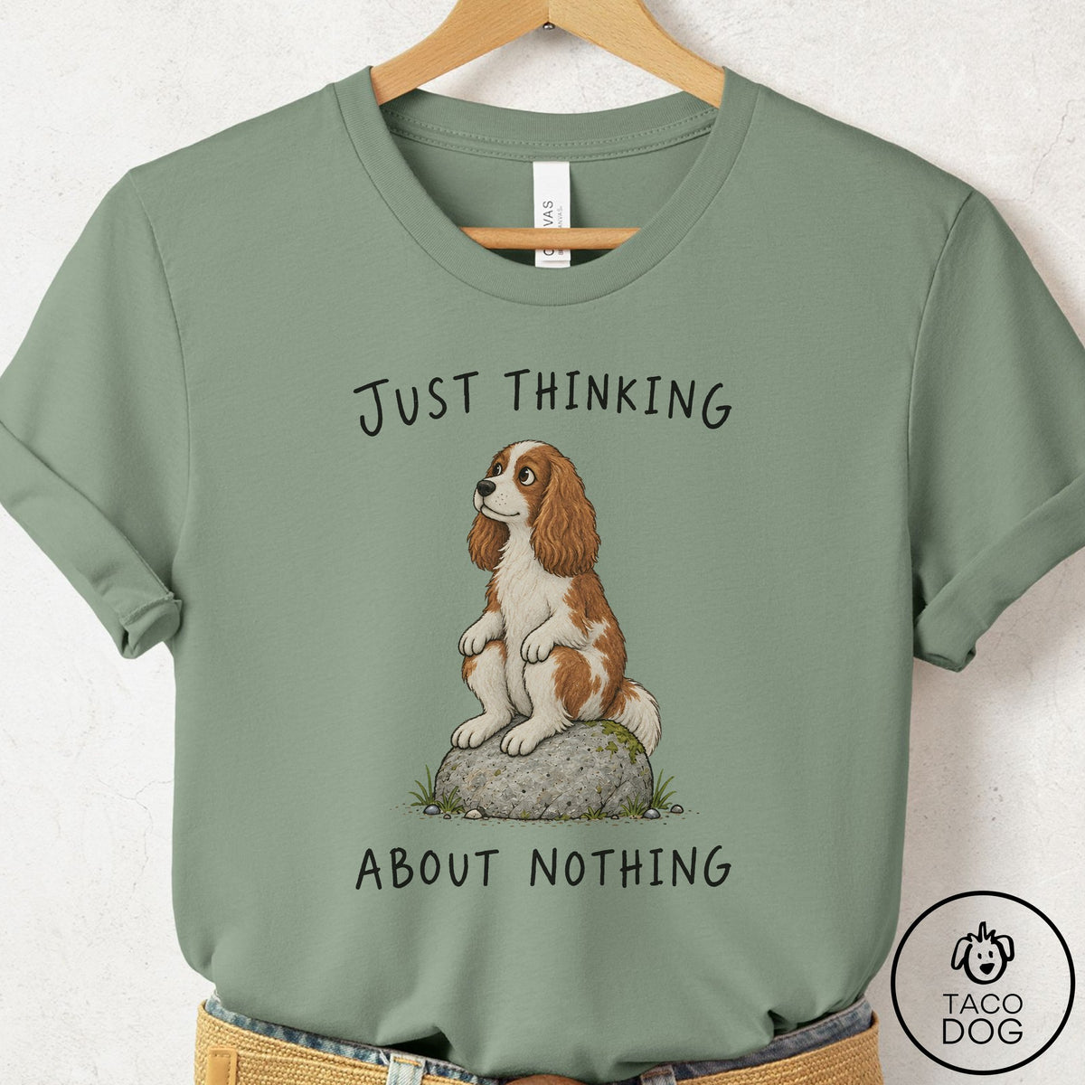 Cavalier King Charles Spaniel Thinking Nothing Rock T-Shirt Sage Taco-Dog