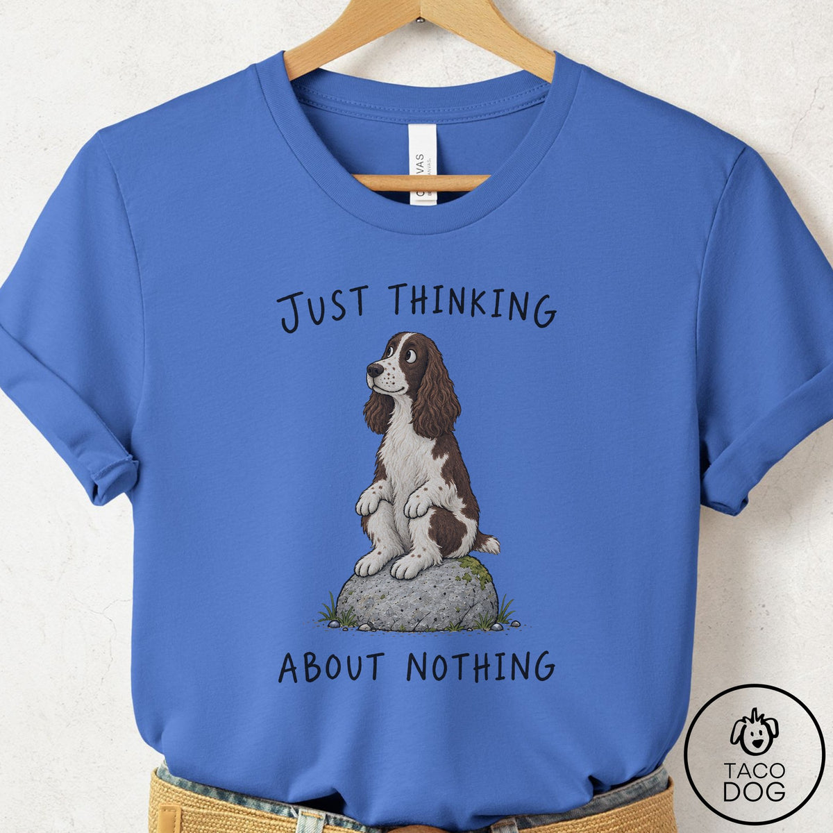 Springer Spaniel Thinking Nothing Rock T-Shirt Columbia Blue Taco-Dog