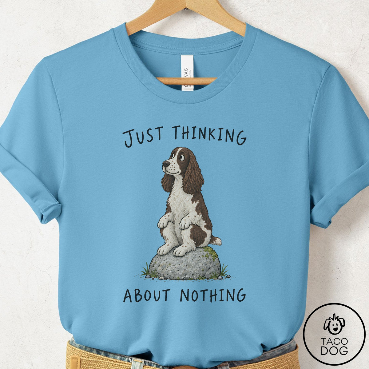 Springer Spaniel Thinking Nothing Rock T-Shirt Ocean Blue Taco-Dog