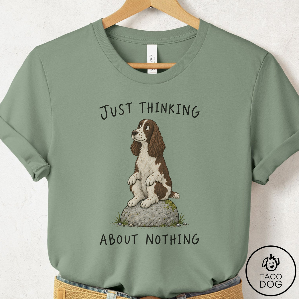 Springer Spaniel Thinking Nothing Rock T-Shirt Sage Taco-Dog