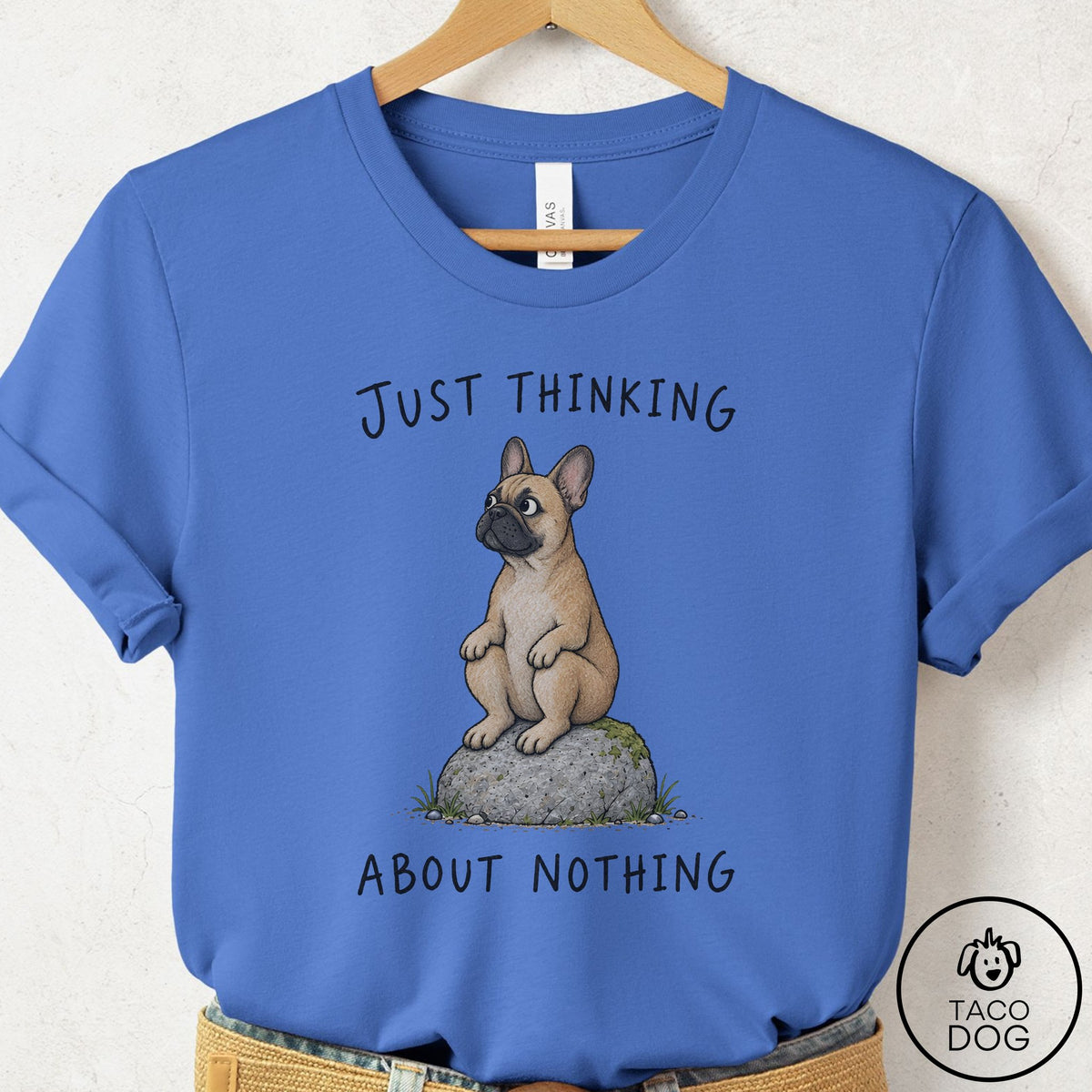 French Bulldog Frenchie Thinking Nothing Rock T-Shirt Columbia Blue Taco-Dog