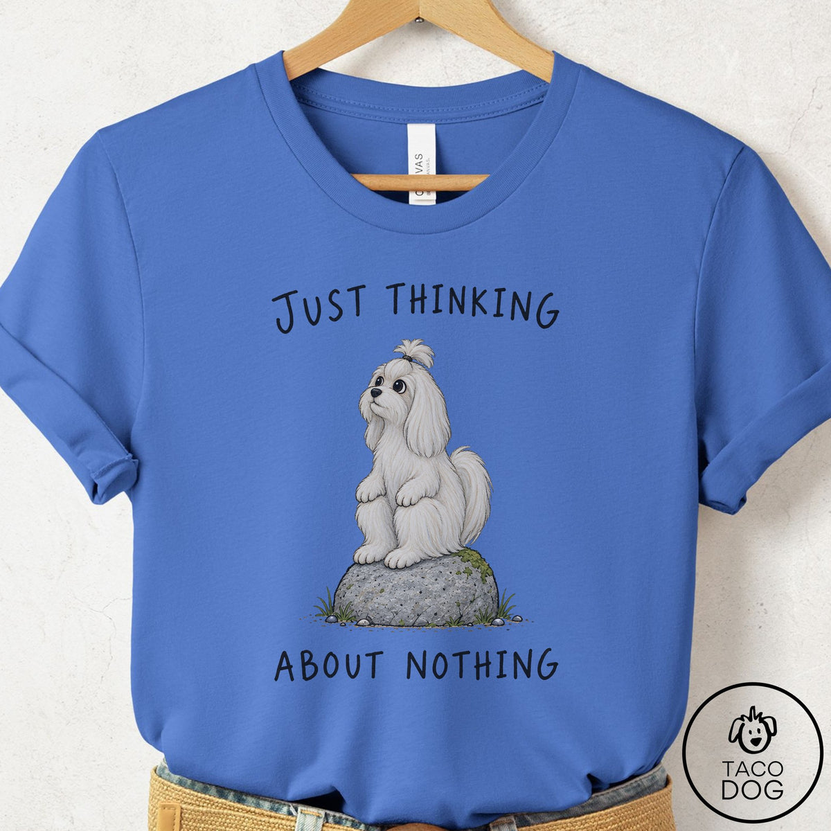 Maltese Thinking Nothing Rock T-Shirt Columbia Blue Taco-Dog