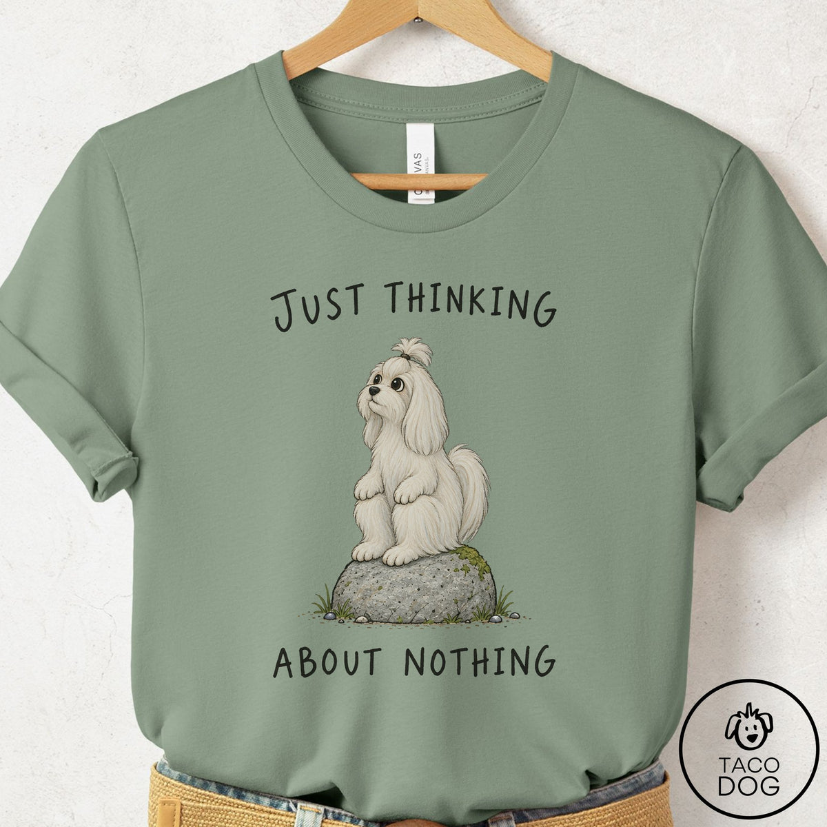 Maltese Thinking Nothing Rock T-Shirt Sage Taco-Dog