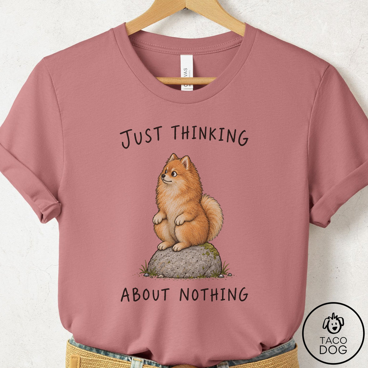 Pomeranian Thinking Nothing Rock T-Shirt Mauve Taco-Dog