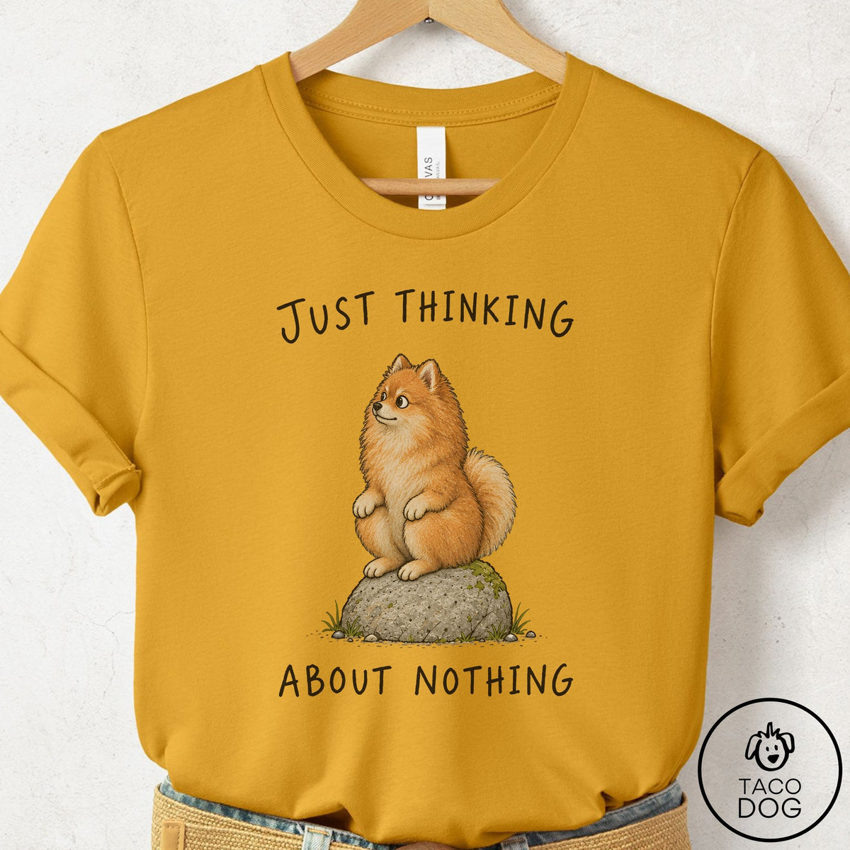 Pomeranian Thinking Nothing Rock T-Shirt Mustard Taco-Dog