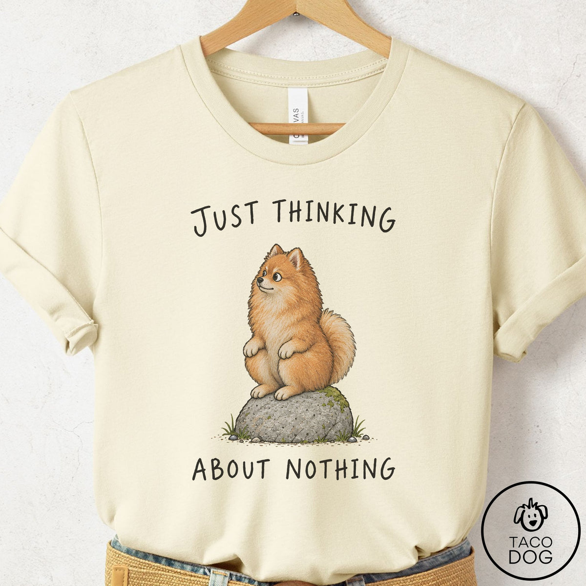 Pomeranian Thinking Nothing Rock T-Shirt Natural Taco-Dog