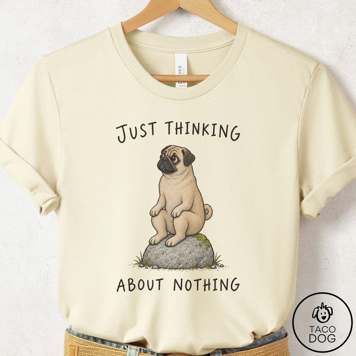 Pug Thinking Nothing Rock T-Shirt Natural Taco-Dog