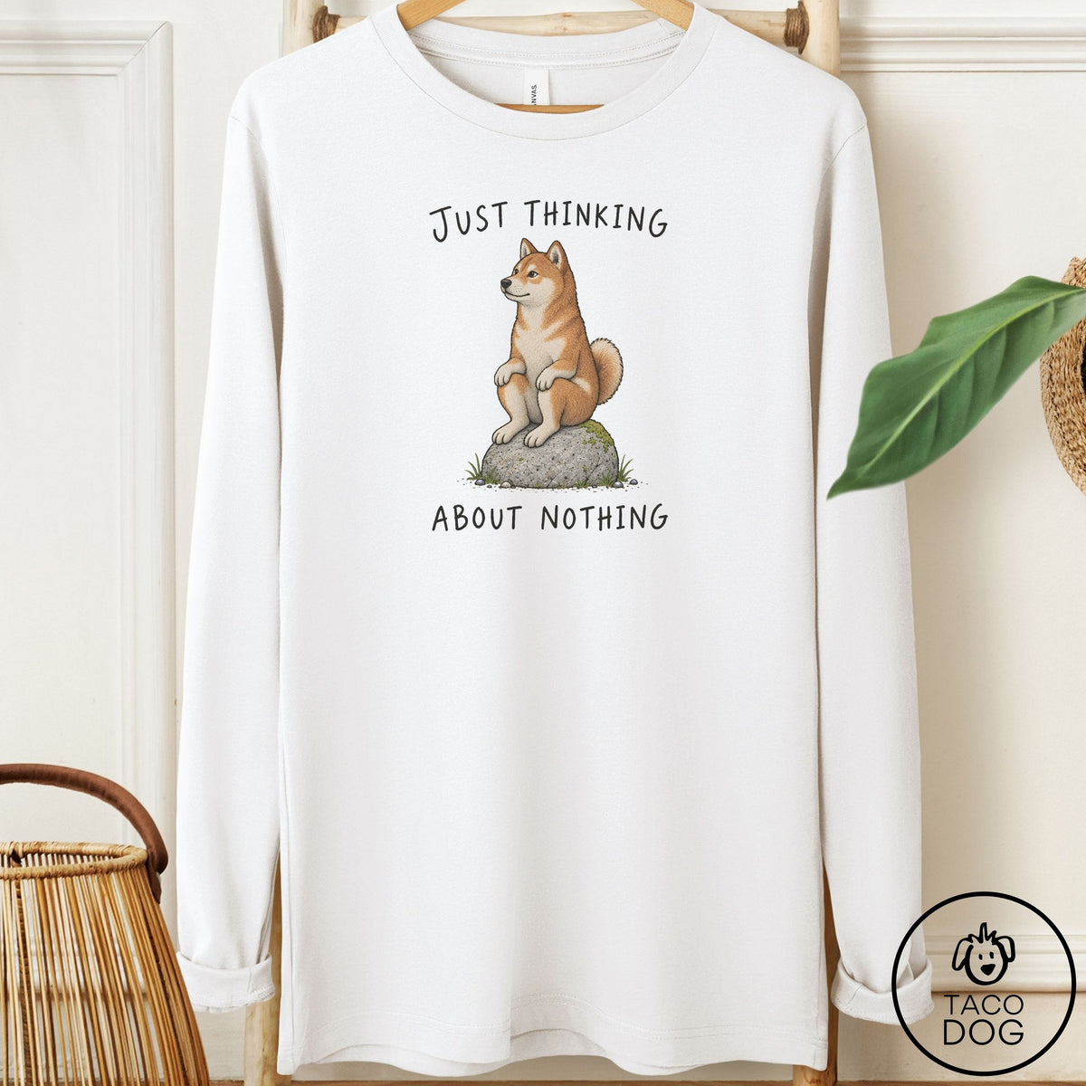 Shiba Inu Thinking Nothing Rock Long Sleeve Tee White Taco-Dog