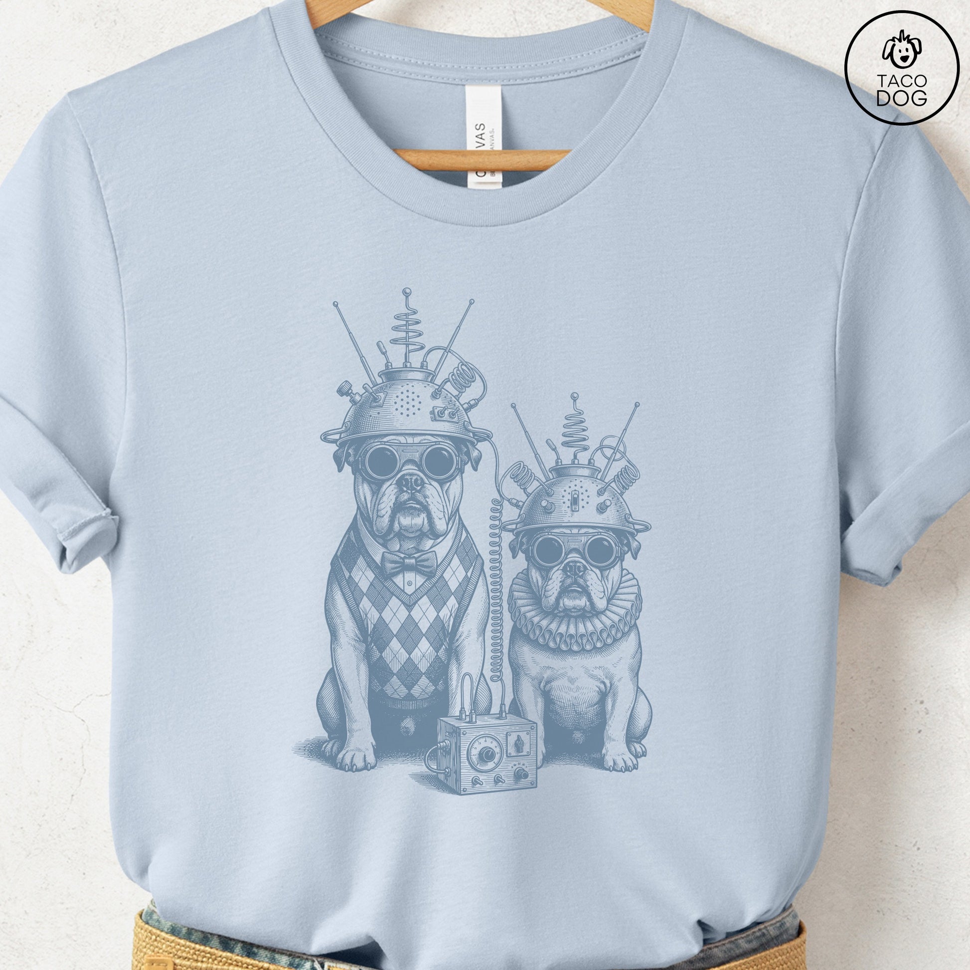English Bulldog Tin Hat T-Shirt Light Blue S Taco-Dog