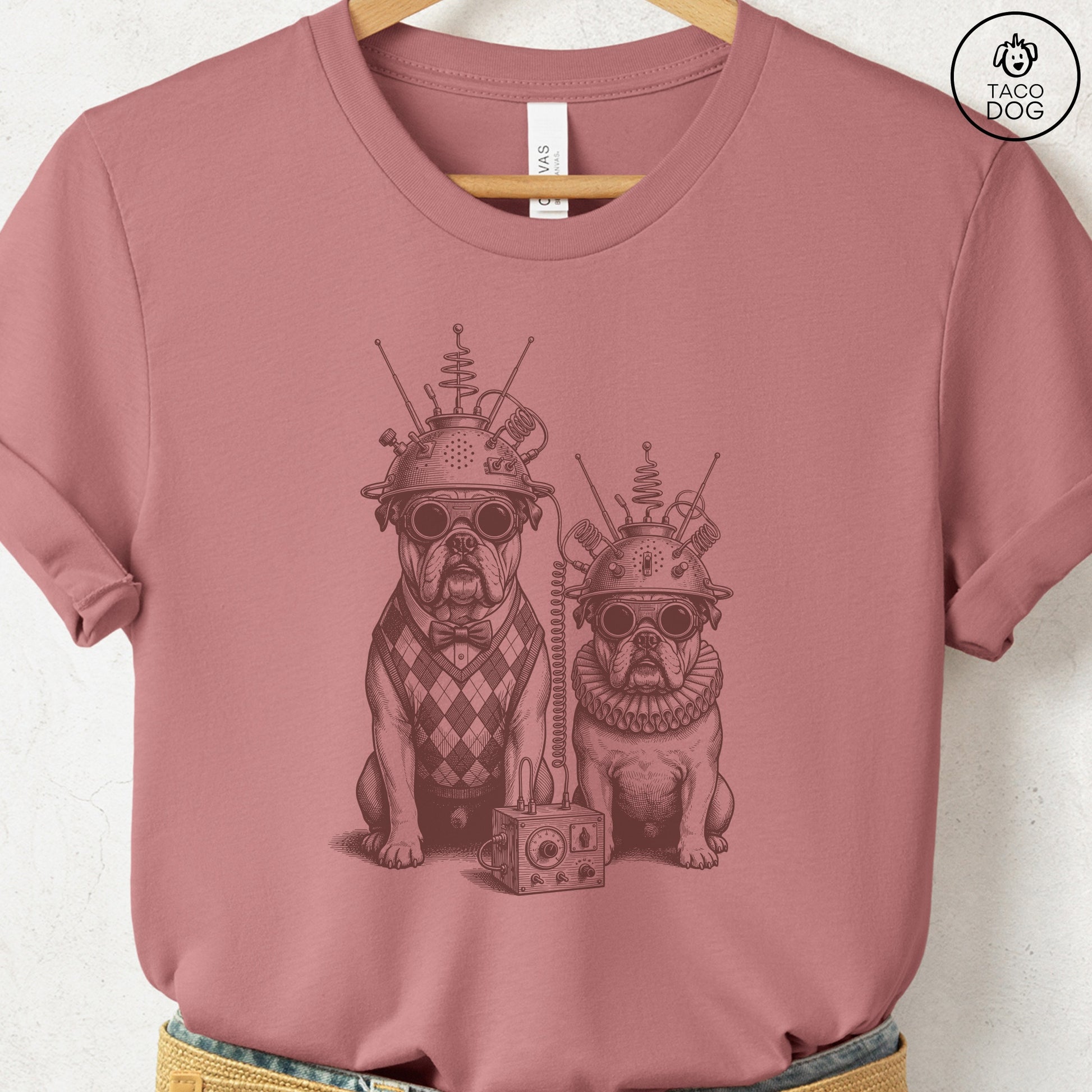 English Bulldog Tin Hat T-Shirt Heather Mauve S Taco-Dog
