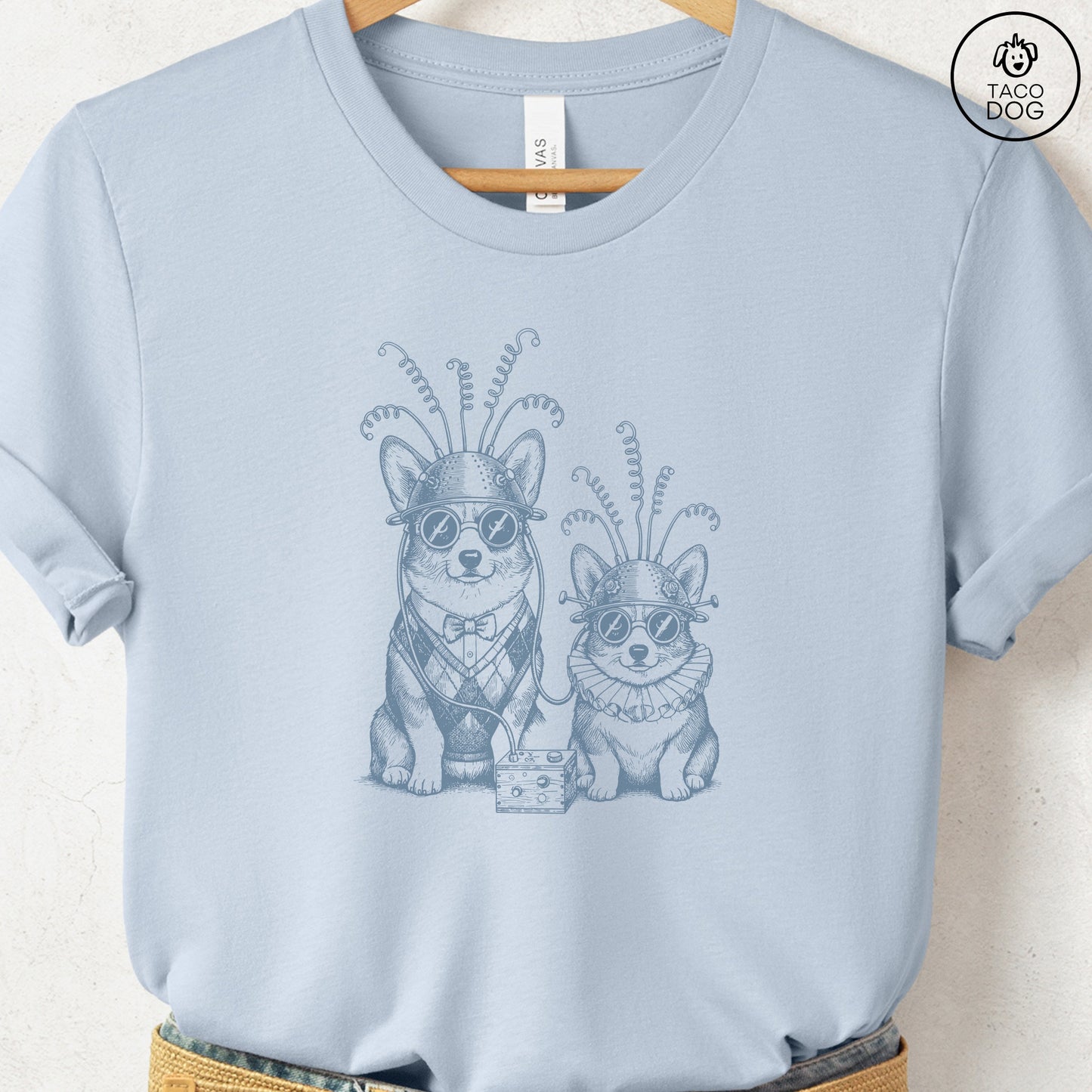 Corgi Tin Hat T-Shirt Light Blue S Taco-Dog