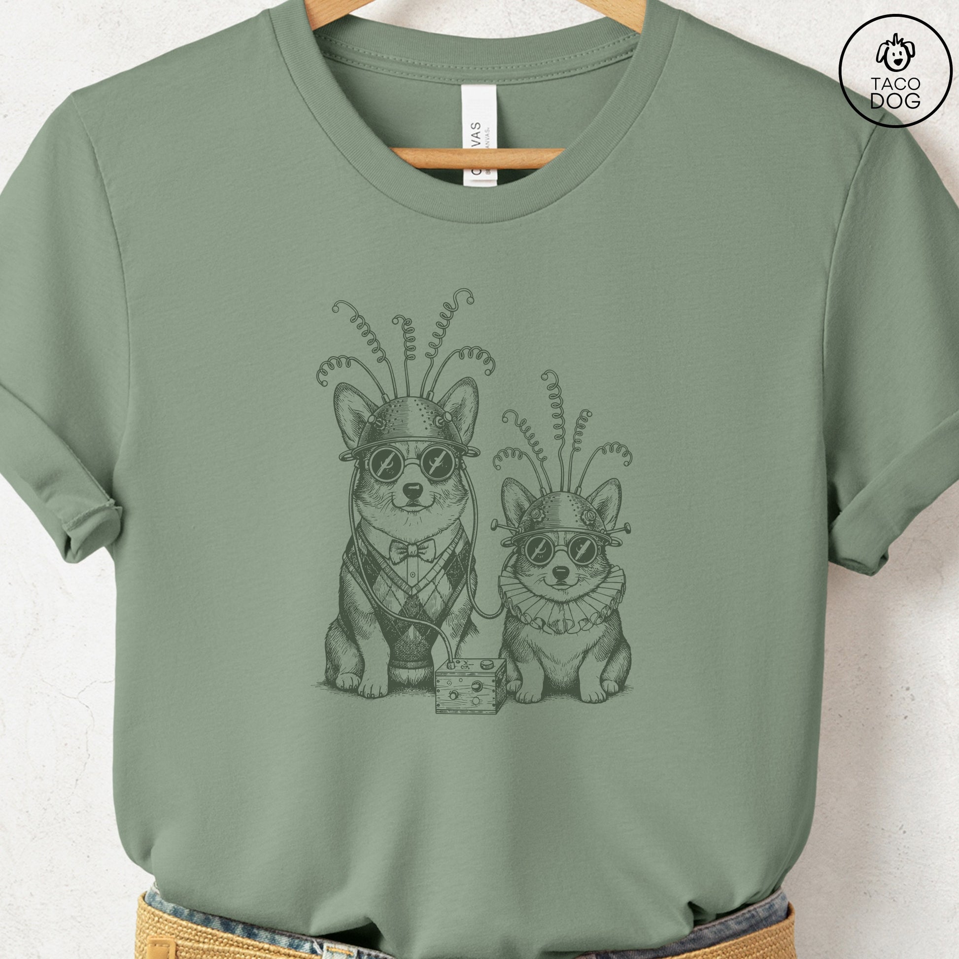 Corgi Tin Hat T-Shirt Sage S Taco-Dog